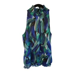 IZ Byer California Sleeveless Blouse Smocked Neck Abstract‎ Print L Made Vietnam